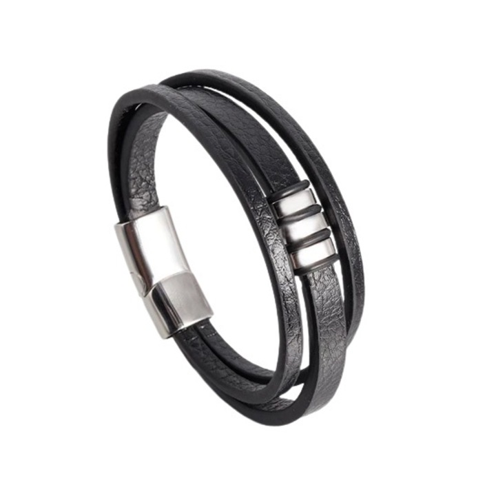 Bratara Tripla, Insertii Stainless-Steel, Barbati, Negru/Argintiu