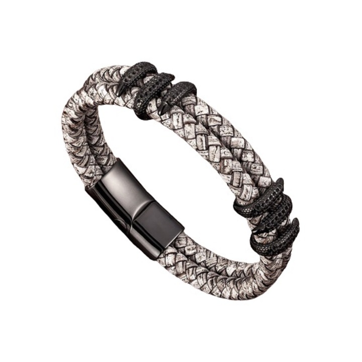 Bratara Dragon, Barbati, Piele Naturala, Alb-Negru