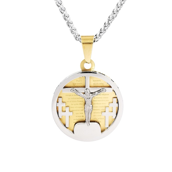 Lant inox cu pandantiv medalion Tatal Nostru in spaniola, Isus Hristos rastignit pe Cruce, PS Personal Style, grosime lant 3 mm, lungime lant 60 cm