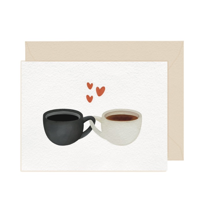 Поздравителна картичка с плик, висококачествена хартия - Кафе - послание за рожден ден, годишнина на двойка, Свети Валентин, Драгобете, 8 март, 10x15 см