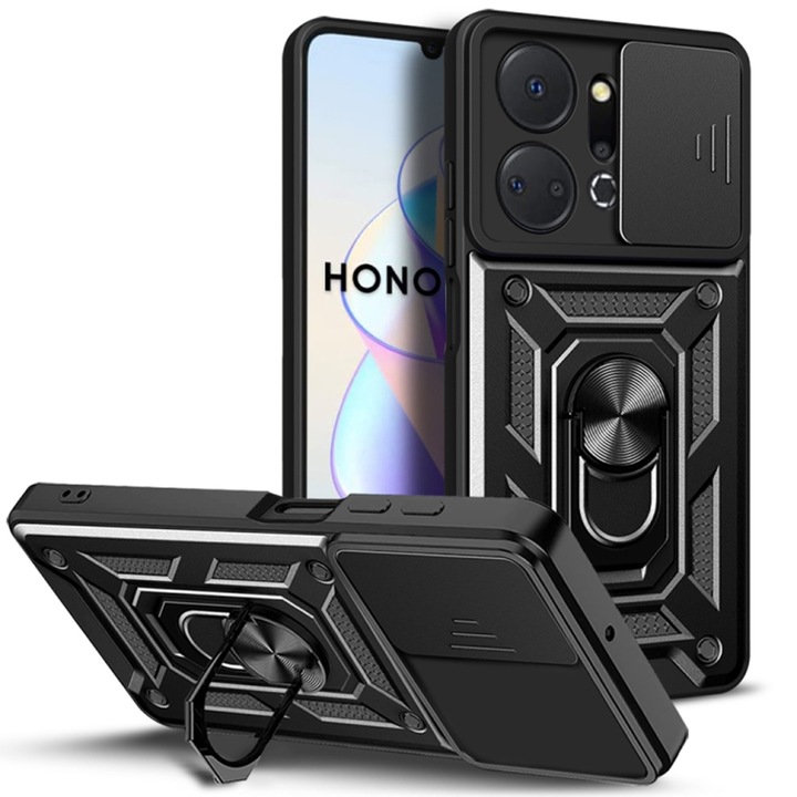 Калъф за телефон, съвместим с Honor X7a, здрав щит LensProtect, Anti-Shock, плъзгащ се капак за камери, защита на обектива, пълно покритие, пръстен за задържане, магнит, черен