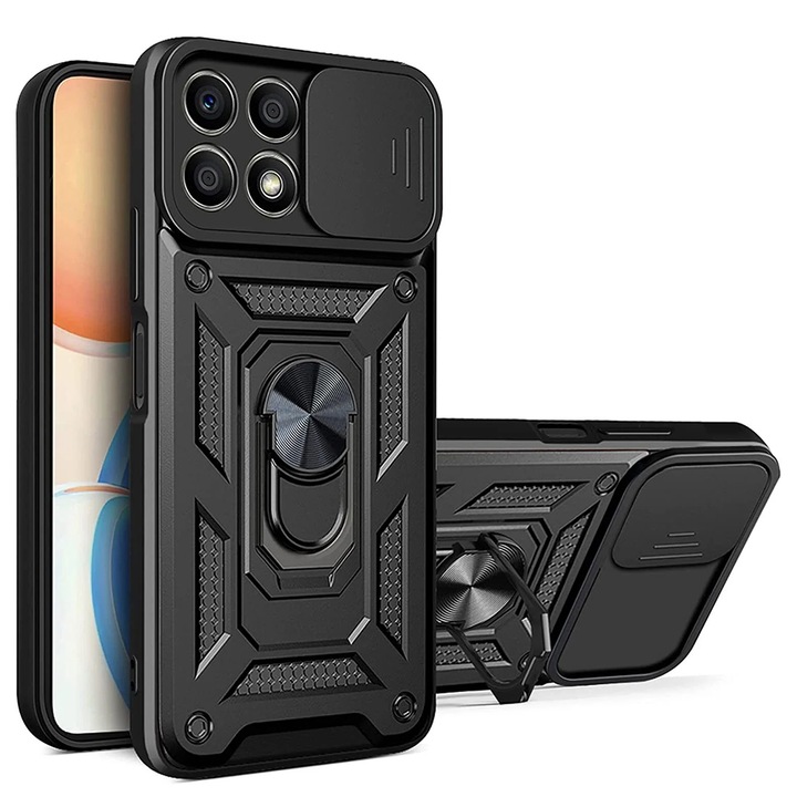 Калъф за телефон, съвместим с Honor X8a, здрав щит LensProtect, Anti-Shock, плъзгащ се капак за камери, защита на обектива, пълно покритие, пръстен за задържане, магнит, черен
