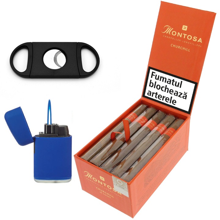 Set Trabucuri Montosa, Churchill, cutie lemn 20 bucati, Cutter trabuc, Bricheta turbo jet