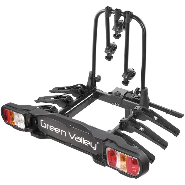 Suport pentru 3 biciclete Green Valley Discovery, prindere pe carligul de remorcare,sistem de basculare,compatibil cu anvelope de pana la 2,6" grosime,negru