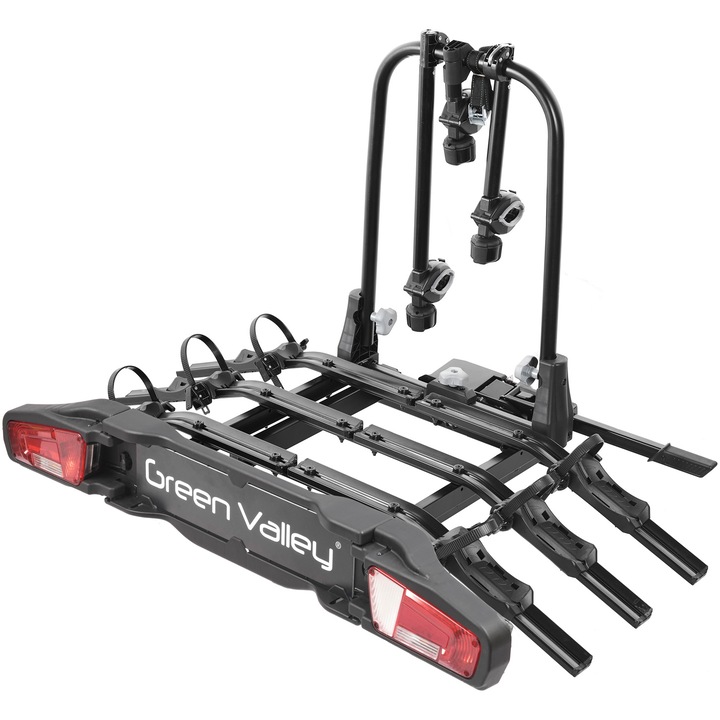 Suport pentru 3 biciclete Green Valley Explorer, prindere pe carligul de remorcare,sarcina maxima 60Kg,compatibil cu anvelope de pana la 2,6" grosime,negru