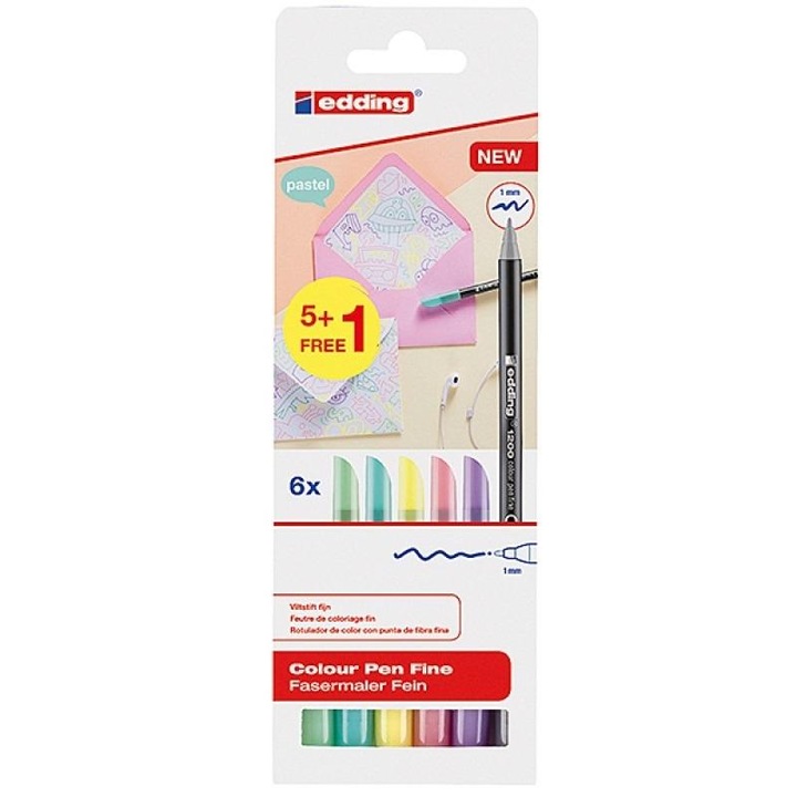 Комплект маркери, Edding, 1 мм, 6 броя, Многоцветен