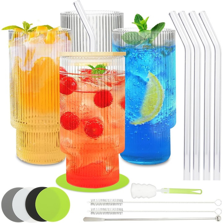 Set 4 pahare 350 ml, pahare cu 1 capac, 4 paie sticla reutilizabile, 1 perie de ceasca si 1 perie de paie, 1 lingura de bar cu maner lung si 4 suporturi din silicon, Colmanda