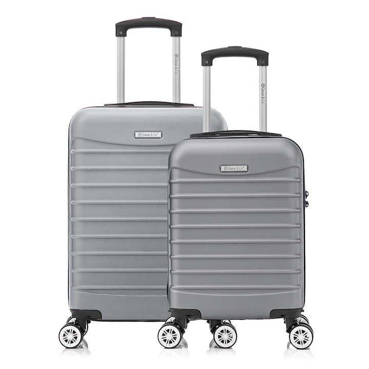 Комплект куфари за ръчен багаж в самолет, 55x36x20 см/40x30x20 см, 4 двойни безшумни колела 360°, сваляеми, модел LINE Quasar & Co.®, ABS 2.8 мм, цип с защита срещу кражба, кодово заключване, телескопична дръжка, до 10 кг, Сребрист