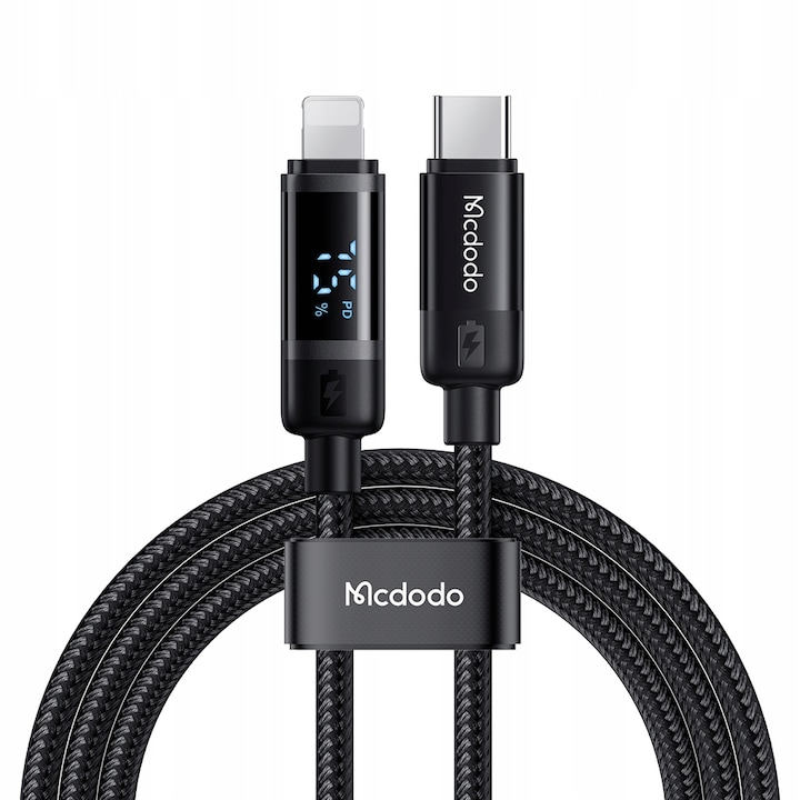 Cablu Date si Incarcare LED, Mcdodo, Fast Charge 36W USB-C - Lightning, incarcare rapida, pentru Apple Carplay / iPhone 5 / 6 / 7 / 8 / X / XS / XR / SE / 11 / 12 / 13 / 14 / Plus / Pro / Max, 1M, Negru