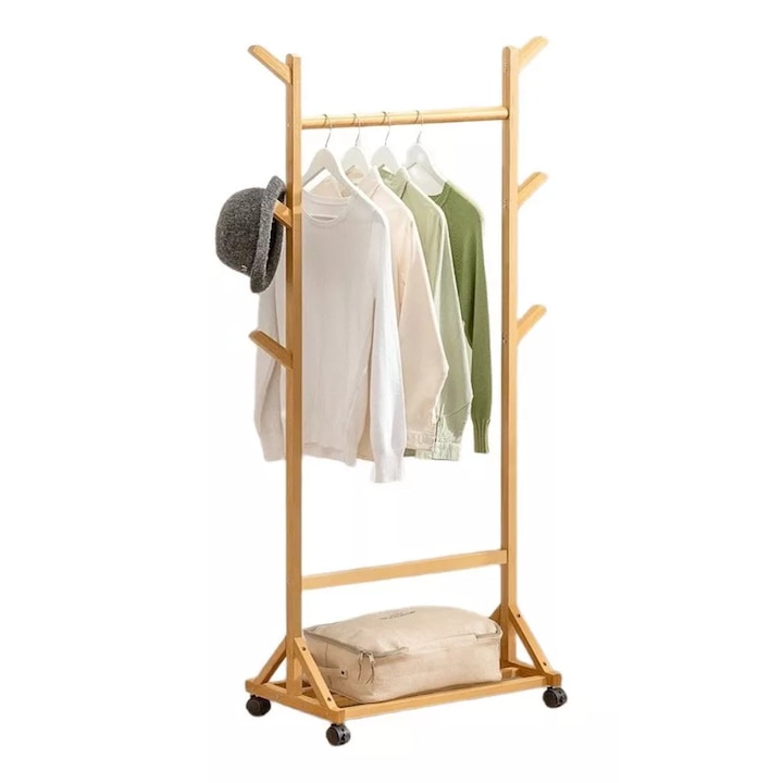 Cuier hol, Quasar & Co.®, cu roti, pretabil imbracaminte/incaltaminte, bambus, 60 x 35 x 155 cm, natur