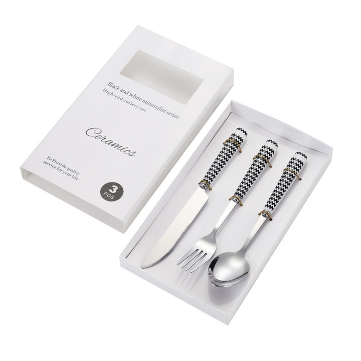 Комплект прибори от неръждаема стомана от 3 части, керамична дръжка, модел за смучене