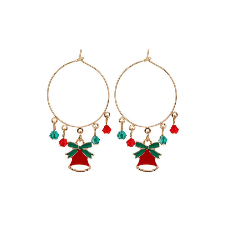 Cercei de Craciun hula hoops, clopotei cu fundite, margelute colorate Auriu