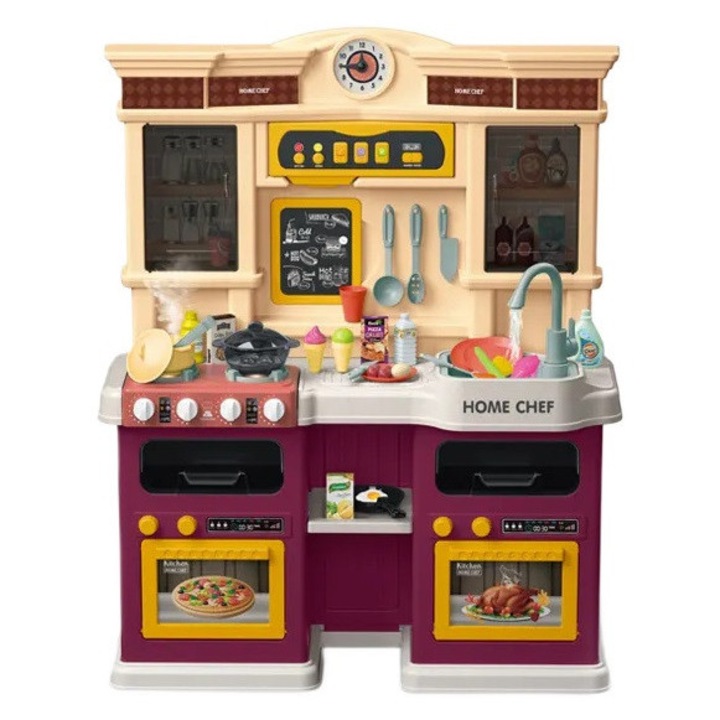 Bucatarie pentru copii WePro Store, lumini si sunete reale, functie de apa curgatoare si abur, 73 accesorii de gatit, Violet, 3 ani +