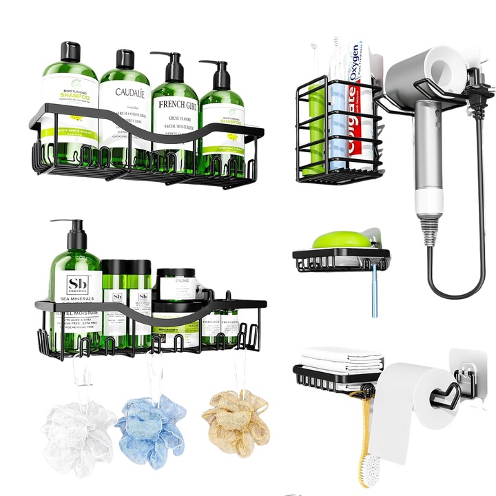 Etajera pentru baie si dus, Noenno, set 7 piese din otel inoxidabil, cu capacitate mare, pentru depozitare si organizarea, Negru
