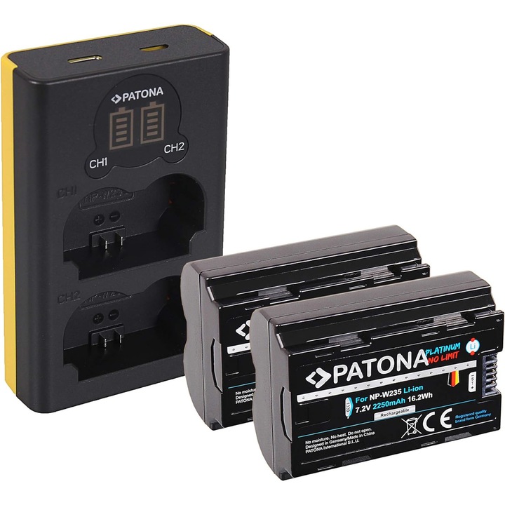 Pachet Incarcator Dual LCD USB, 2x Acumulator Patona Platinum NP-W235 pentru Fujifilm X-T4 XT4 si Microfibra Smardy