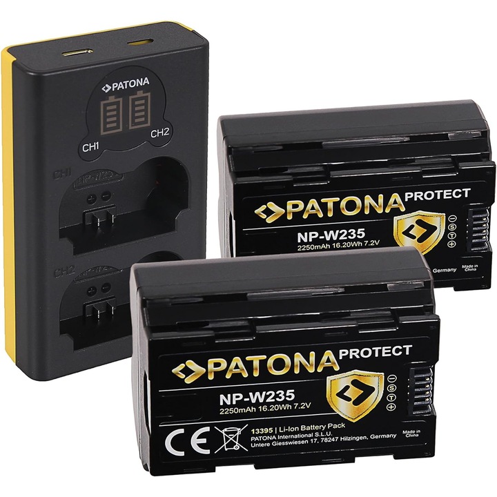 Pachet Incarcator Dual LCD USB, 2x Acumulator Patona Protect NP-W235 pentru Fujifilm X-T4 XT4 si Microfibra Smardy