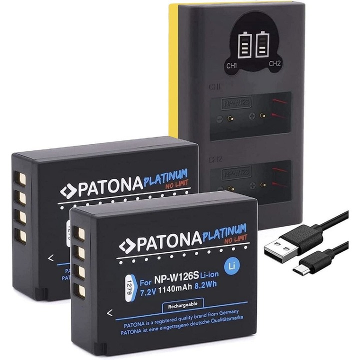 Pachet Incarcator Dual LCD USB, 2x Acumulator Patona NP-W126 pentru Fuji X-T1 X-T3 si Microfibra Smardy