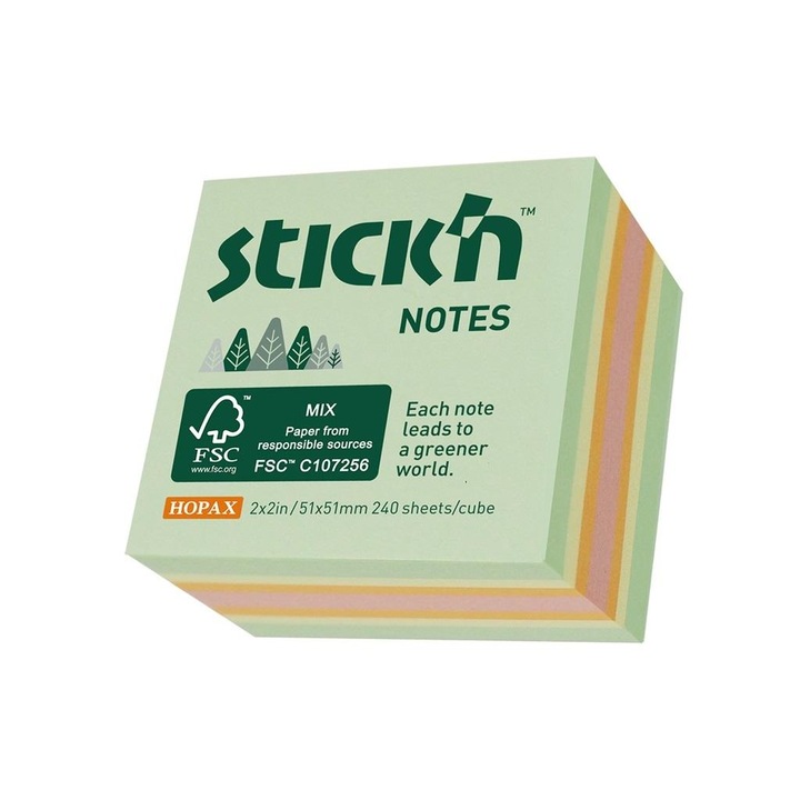 Залепващо хартиено кубче, Stickn, 51x51 мм, 240 листа, Многоцветно