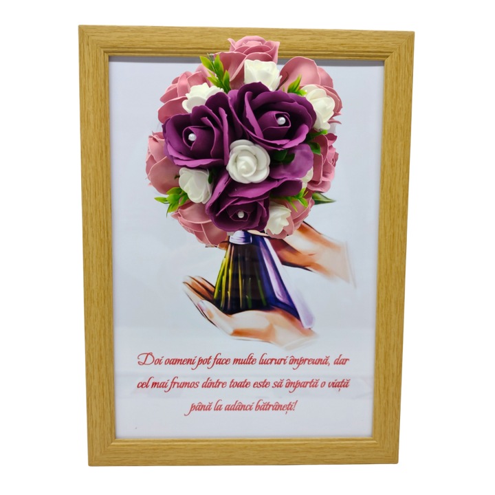 Tablou in rama A4 (30x21 cm) - Doi oameni pot face multe lucruri impreuna, dar cel mai frumos dintre toate... - v6 decorat cu flori de sapun visiniu - roz pal