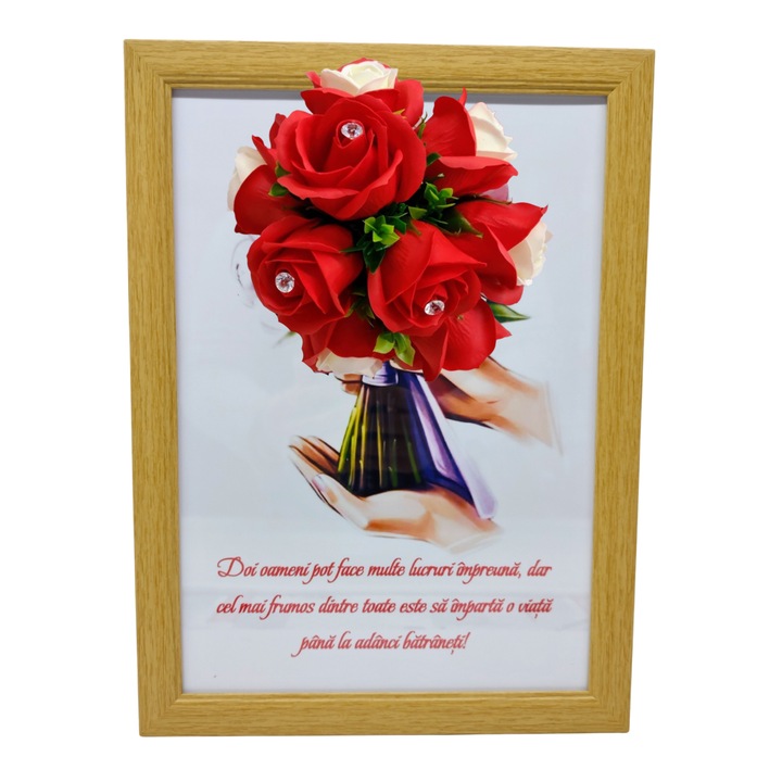 Tablou in rama A4 (30x21 cm) - Doi oameni pot face multe lucruri impreuna, dar cel mai frumos dintre toate... - v6 decorat cu flori de sapun rosii