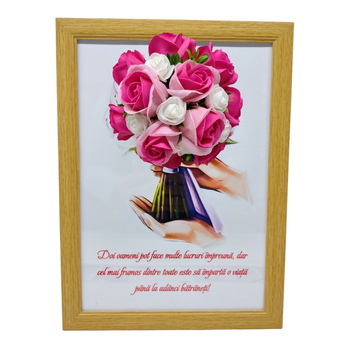 Tablou in rama A4 (30x21 cm) - Doi oameni pot face multe lucruri impreuna, dar cel mai frumos dintre toate... - v6 decorat cu flori de sapun roz - roz inchis