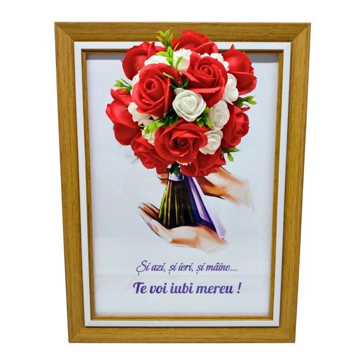 Tablou in rama A4 (30x21 cm) - Si azi, si ieri, si maine...Te voi iubi mereu! - v7 decorat cu flori de sapun rosu - alb