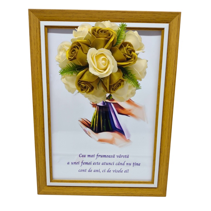 Tablou in rama A4 (30x21 cm) - Cea mai frumoasa varsta a unei femei este atunci cand...- v7 decorat cu flori de sapun auriu - galben