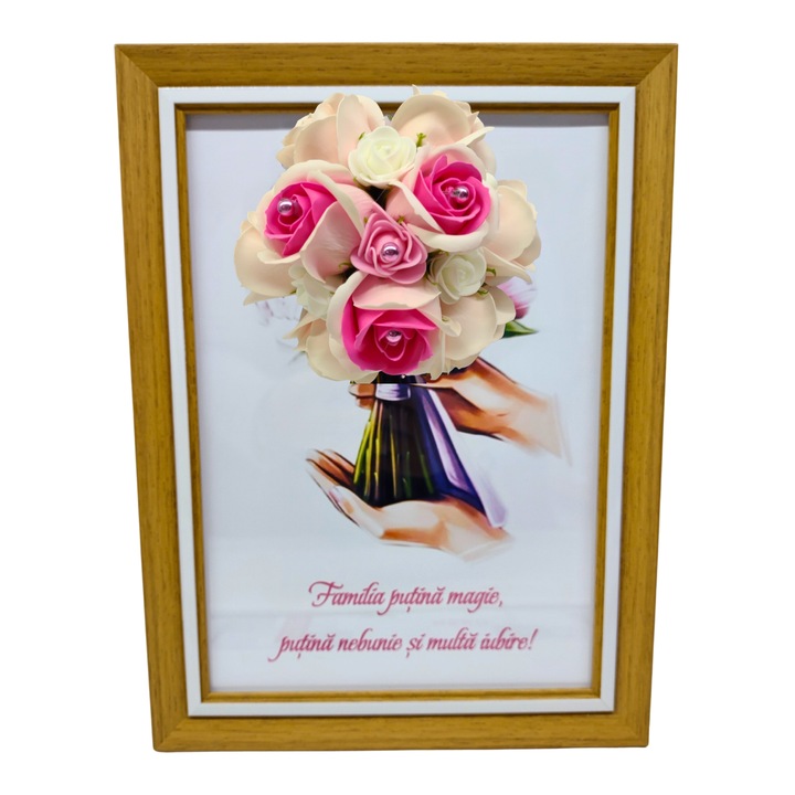 Tablou in rama A4 (30x21 cm) - Familia putina magie, putina nebunie si multa iubire - v7 decorat cu flori de sapun roz deschis
