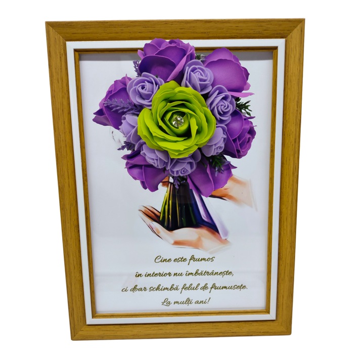 Tablou in rama A4 (30x21 cm) - Cine este frumos in interior nu imbatraneste, ci doar schimba felul de frumusete-v7 decorat cu flori de sapun mov-verde