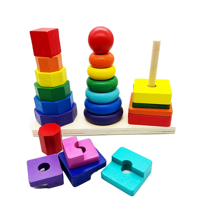 Joc de lemn pentru sortat forme geometrice, Three column, 14x20 cm,, VisionXXI