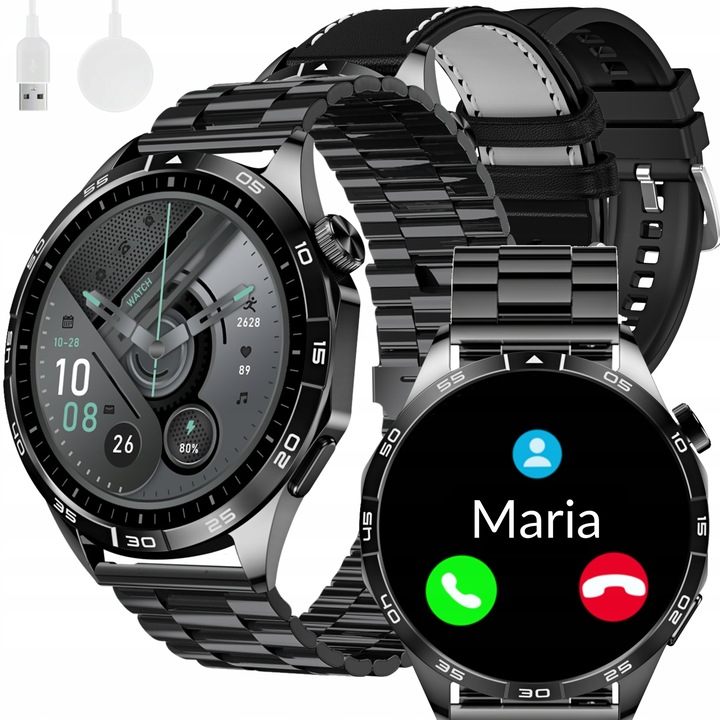 Smartwatch, Barbatesc, Elegant, Rezistent la apa, IP67, IPS 1 "43" Ecran color tactil complet, 330mAh, Android 4.4+/iOS 8.0+, Bluetooth 5.3, Functie de apel, Aplicatia FitCloudPro, 46x46x10, 6mm, 50g, 3 Curele, Negru