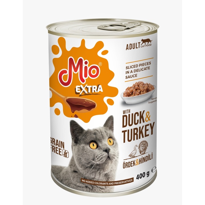 Mancare umeda pentru pisici adulte, Mio Cat Extra, Super Premium, Completa, cu bucati de rata si curcan, in sos delicios, pachet 10 conserve 400 g