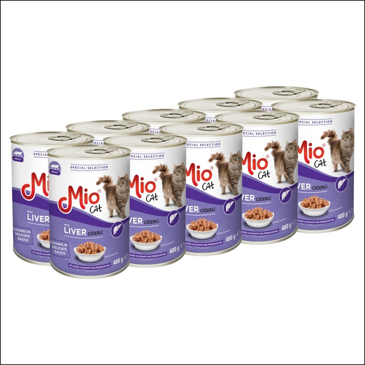 Hrana umeda pentru pisici adulte, Mio Cat, Premium, Completa, cu bucati de ficat, in sos delicios, pachet 10 conserve 400 g