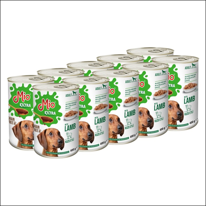 Mancare umeda pentru caini adulti, Mio Dog Extra, Super Premium, Completa, cu bucati de carne de miel, in sos delicios, pachet 10 conserve 400 g