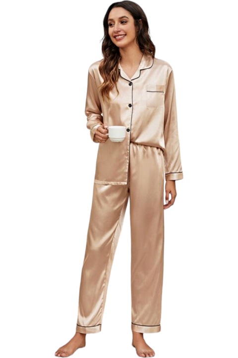 Pijama dama din satin, bluza cu maneca lunga si pantaloni lungi, StarFashion, model cu nasturi, bej sampanie, M