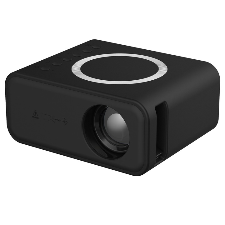 Mini videó projektor távirányítóval, Hordozható, Full HD, WiFi, médialejátszó, beépített hangszóró, USB, memóriakártya, laptophoz, TV-hez, telefonhoz, táblagéphez, Fekete