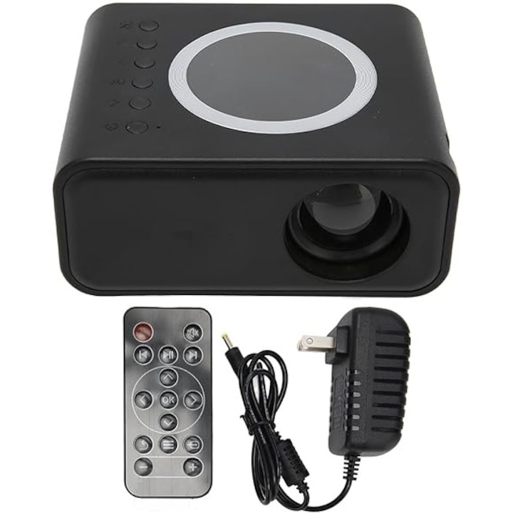 Mini Videoproiector cu telecomanda, Portabil, WiFi, media player, boxa incorporata, USB, card de memorie, pentru laptop, TV, telefon, tableta, Negru