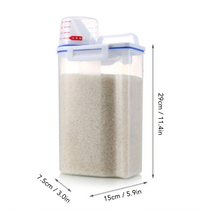Recipient pentru orez, capacitate 2kg, 15x7.5x29 cm, cana gradata, transparent