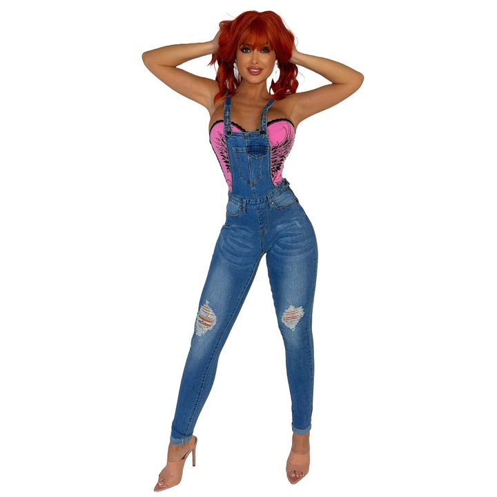 Salopeta din denim cu rupturi decorative, Albastru