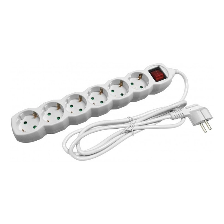 Разклонител Entac 3 метра 6 гнезда с ключ, кабел 3x1, 5mm, Бял, 3680W