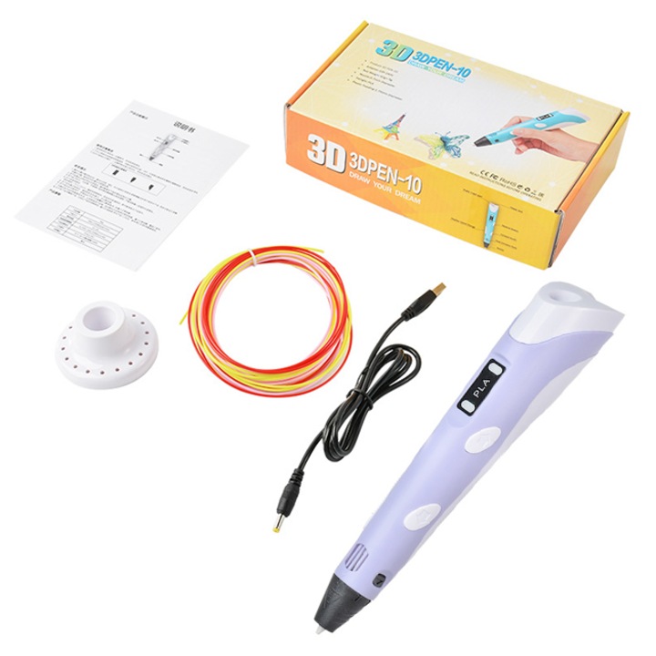Химикалка за 3D печат с дисплей и 3 цвята PLA филамент, Notekisskai, USB, Violet