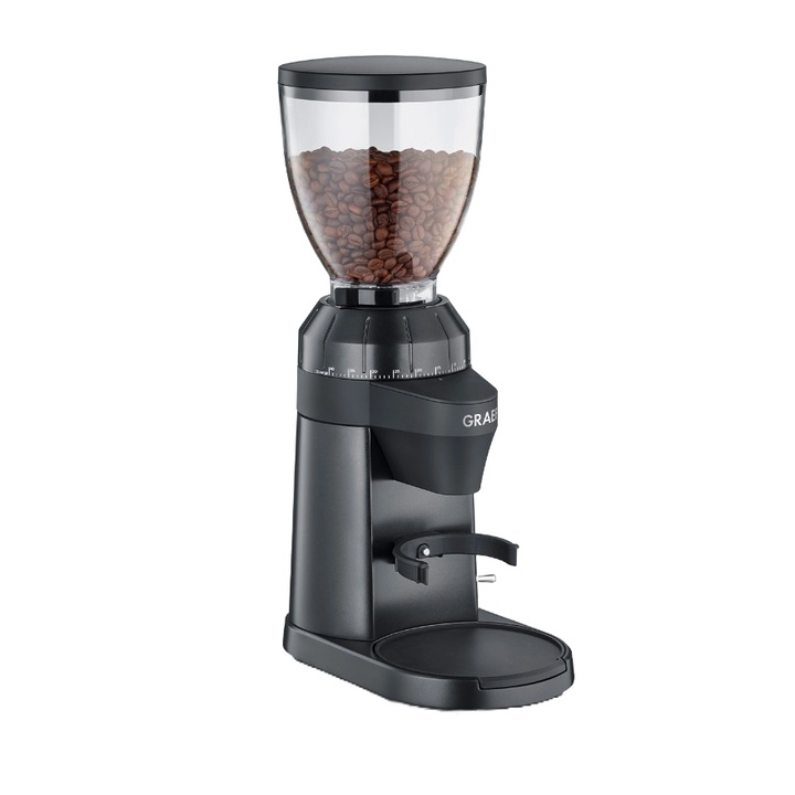 Електрическа кафемелачка Graef CM8002, Резервоар 350 г, 40 градуса на смилане, Регулиране на количеството кафе, Осветление на портафилтъра, Херметично затваряне, Острие от неръждаема стомана, Резервоар 75 г и контейнер за съхранение, Черен
