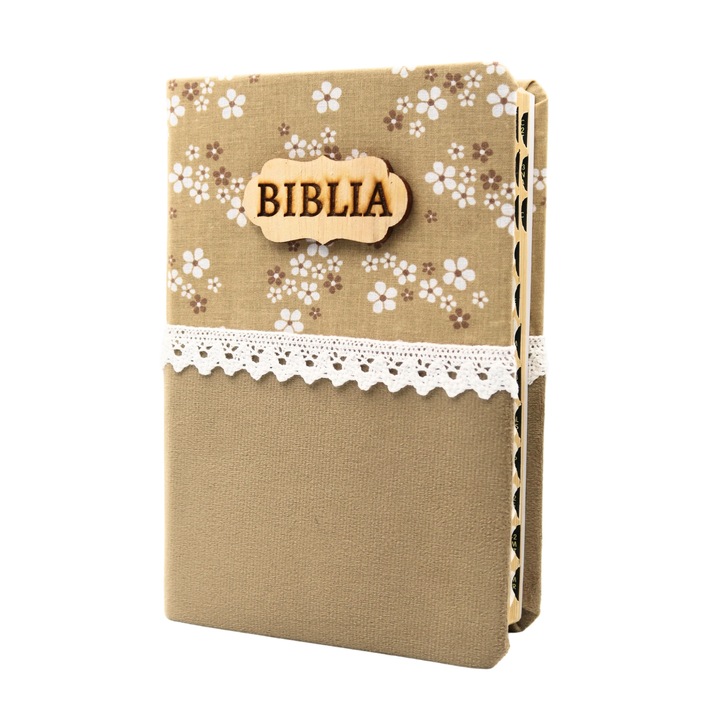 Biblia handmade, model floral, format mediu, margini aurii, index, coperta maro, Editura Isaharus