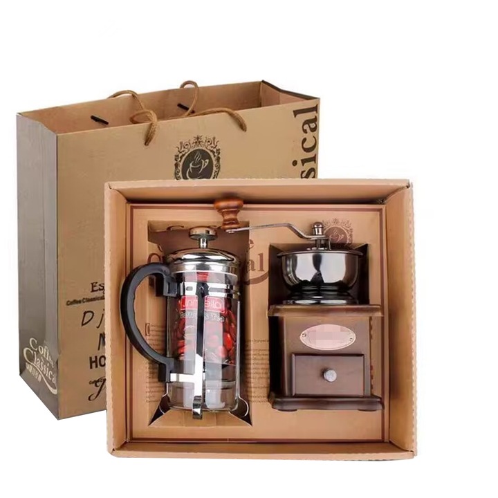 French-press kávéfőző készlet, vas, ezüst/barna