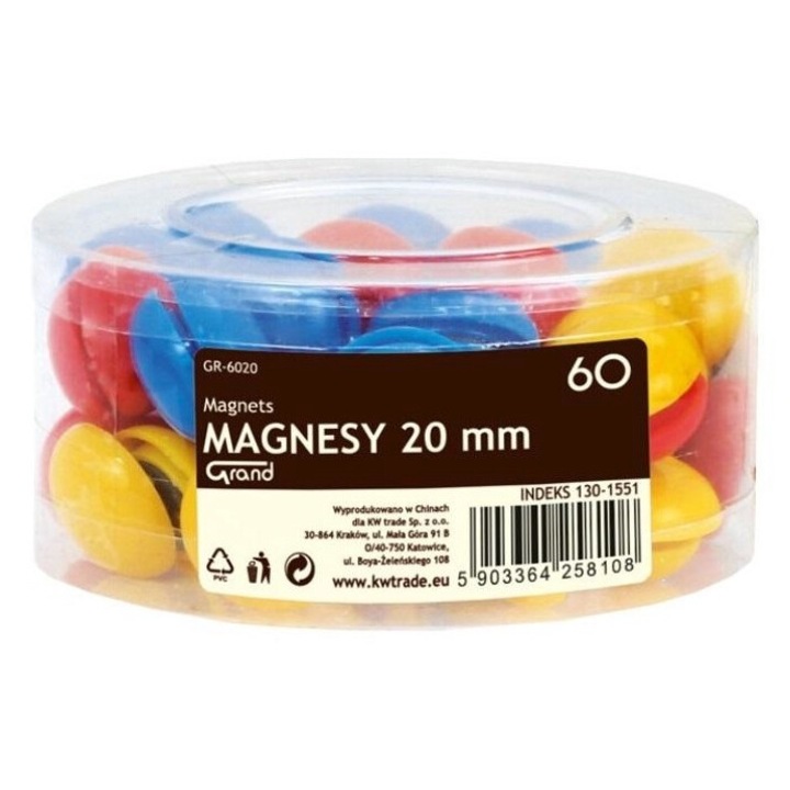 Set 60 magneti, Grand, Carcasa plastic, 20 mm, Multicolor