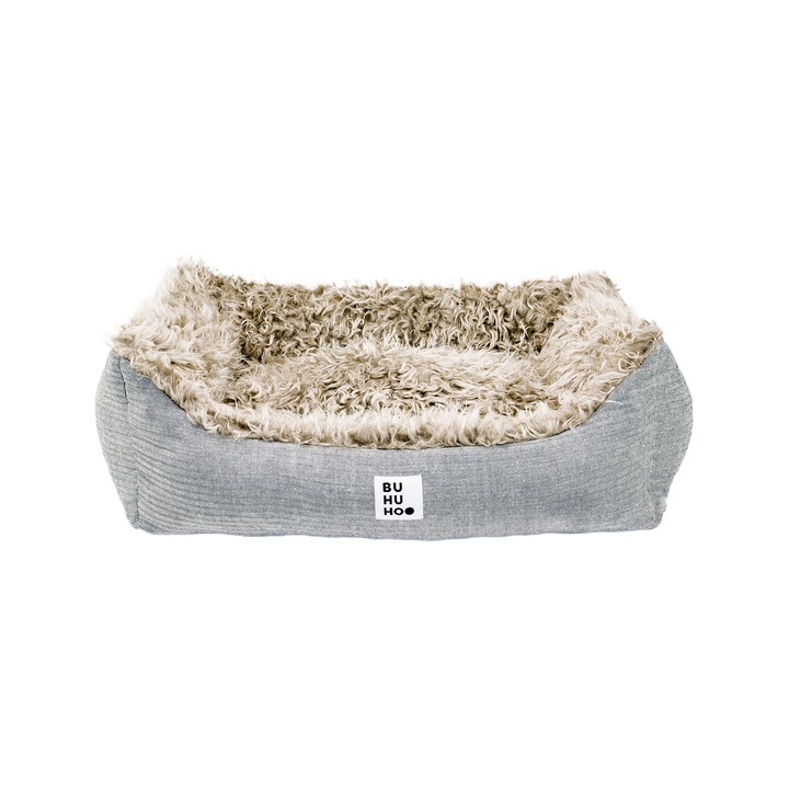 Pat pentru caini si pisici Buhuhoo, cu husa detasabila, alb-negru cu bej, 70 x 55 cm