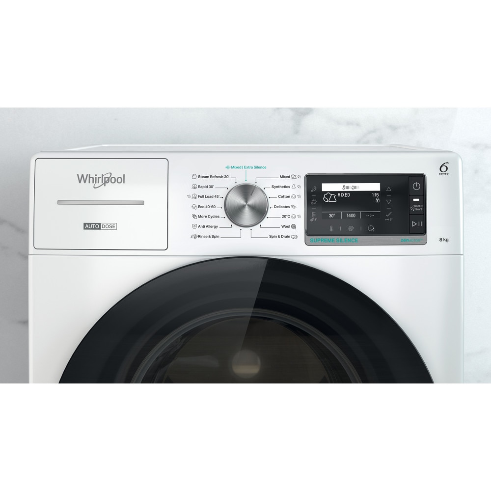 RESIGILAT: Masina de spalat rufe Whirlpool W8X 89AD SILENCE EE, 8 kg, 1400 rpm, FreshCare+, Autodose, Steam Hygiene, Tehnologie al 6-lea Simt, Clasa A, Alb