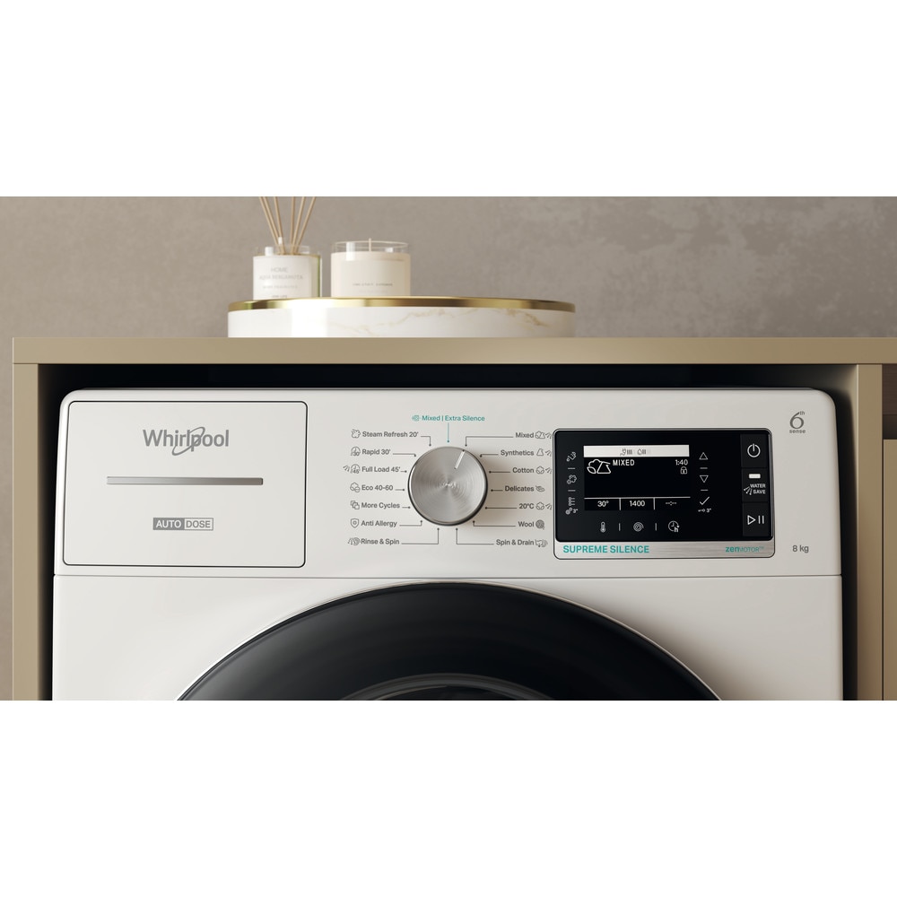 RESIGILAT: Masina de spalat rufe Whirlpool W8X 89AD SILENCE EE, 8 kg, 1400 rpm, FreshCare+, Autodose, Steam Hygiene, Tehnologie al 6-lea Simt, Clasa A, Alb