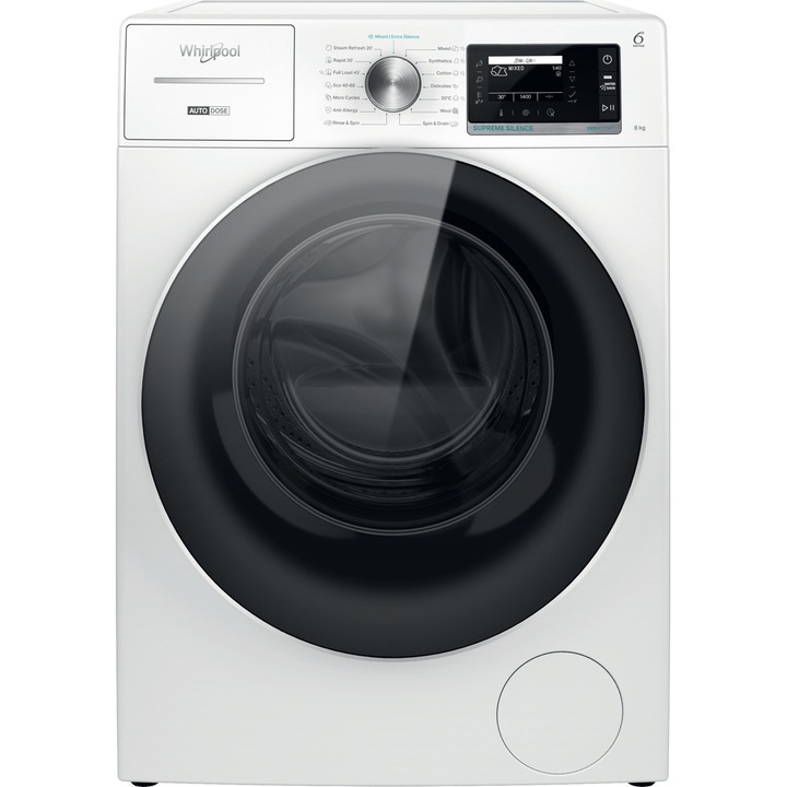 Пералня Whirlpool W8X 89AD SILENCE EE, 8 кг, 1400 об/мин, FreshCare+, Автоматично дозиране, Steam Hygiene, Технология 6-то чувство, Клас A, Бял