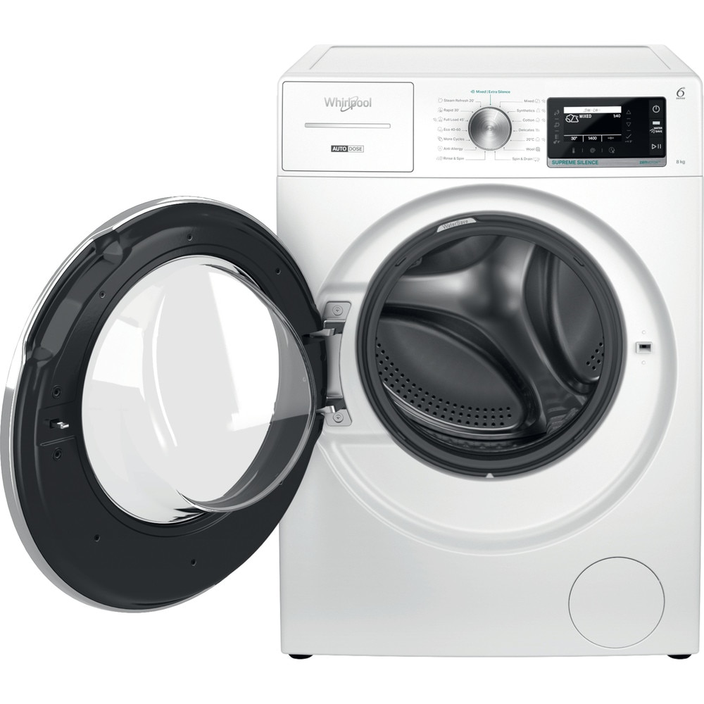 RESIGILAT: Masina de spalat rufe Whirlpool W8X 89AD SILENCE EE, 8 kg, 1400 rpm, FreshCare+, Autodose, Steam Hygiene, Tehnologie al 6-lea Simt, Clasa A, Alb